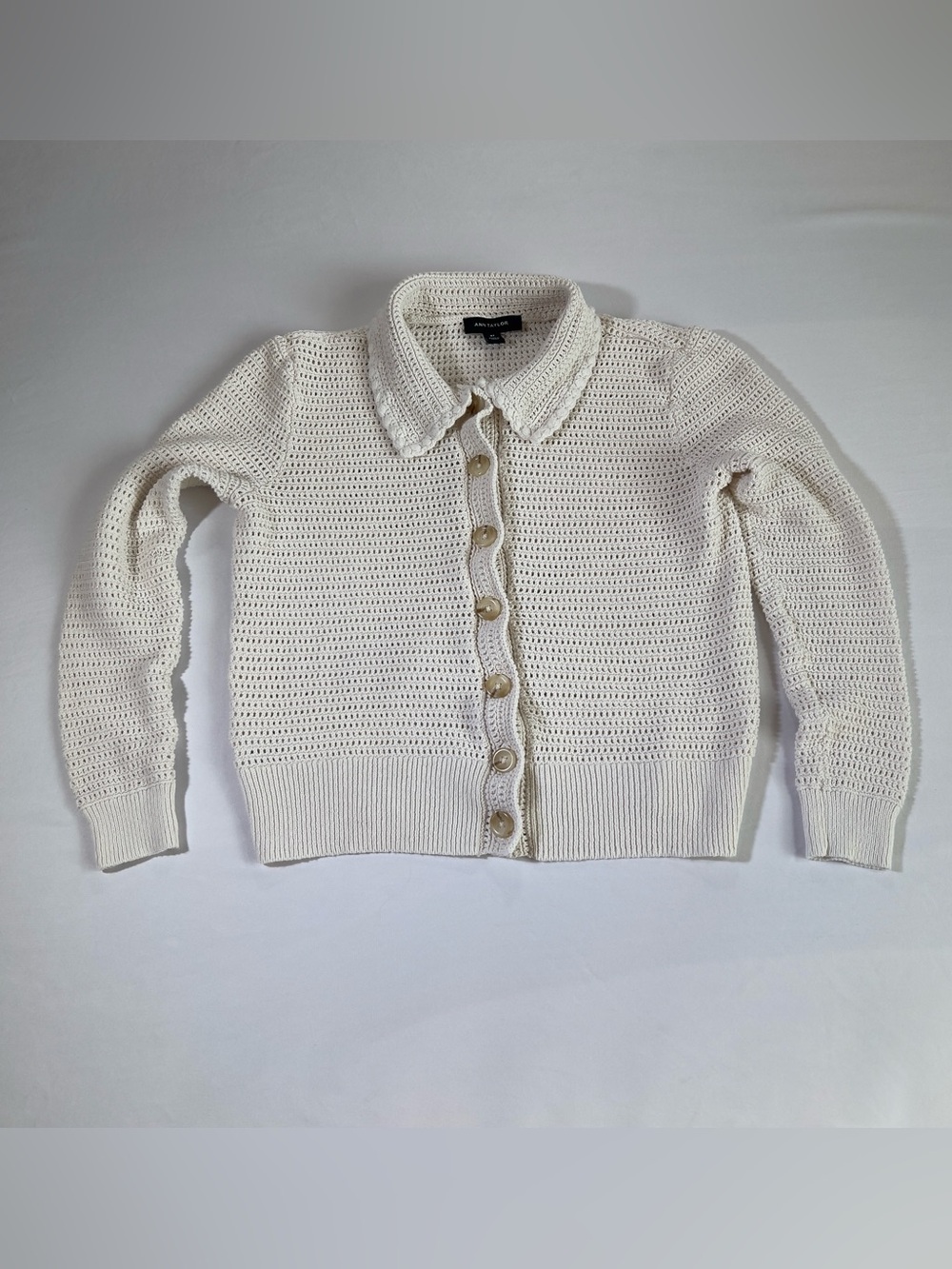Ann Taylor Cream Crochet Button-Up Cardigan